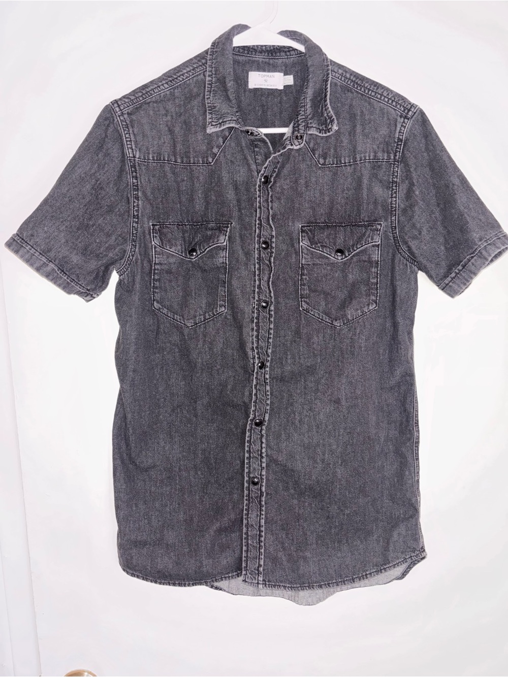 Topman Short-Sleeve Washed Black Denim Button-Down Shirt